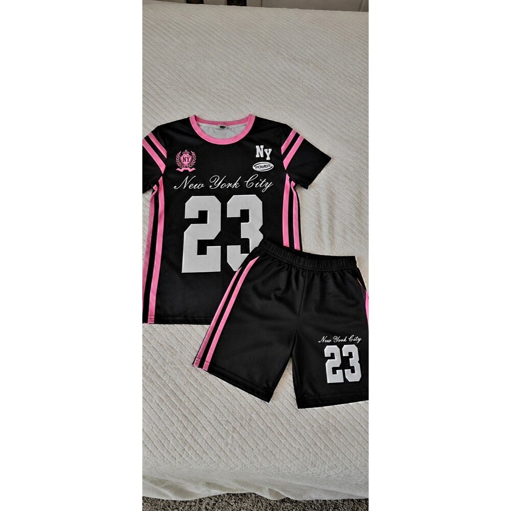 Women’s NY Power 23 Athletic Short Set Black Pink 2Pc Outfit